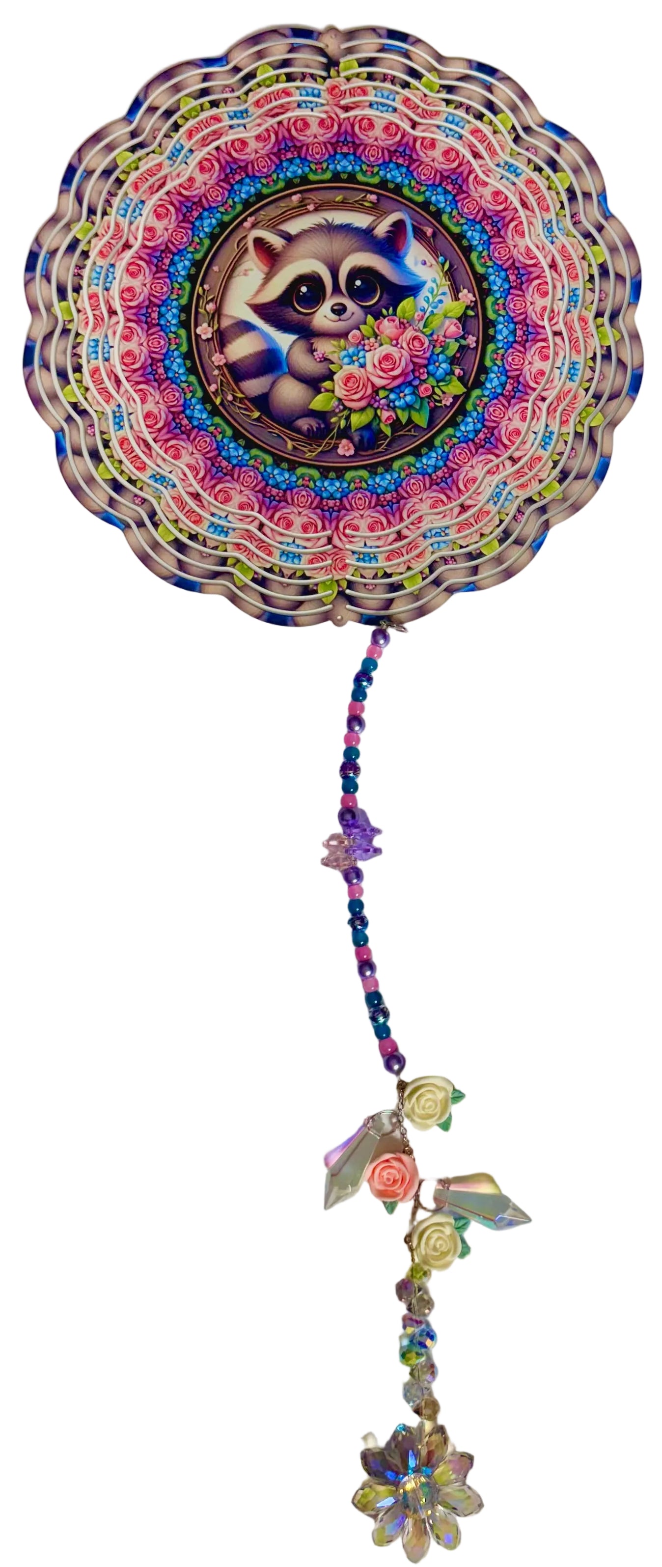 Wind Spinner with Jewel Strand Raccoon Holding Flowers