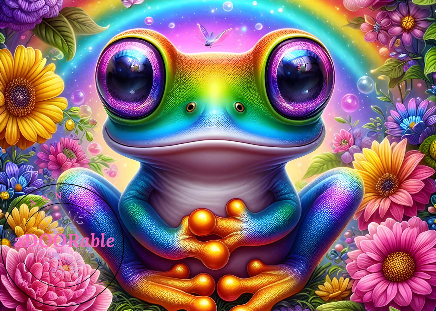Tempered Glass Cutting Board Frog Rainbow and Flowers