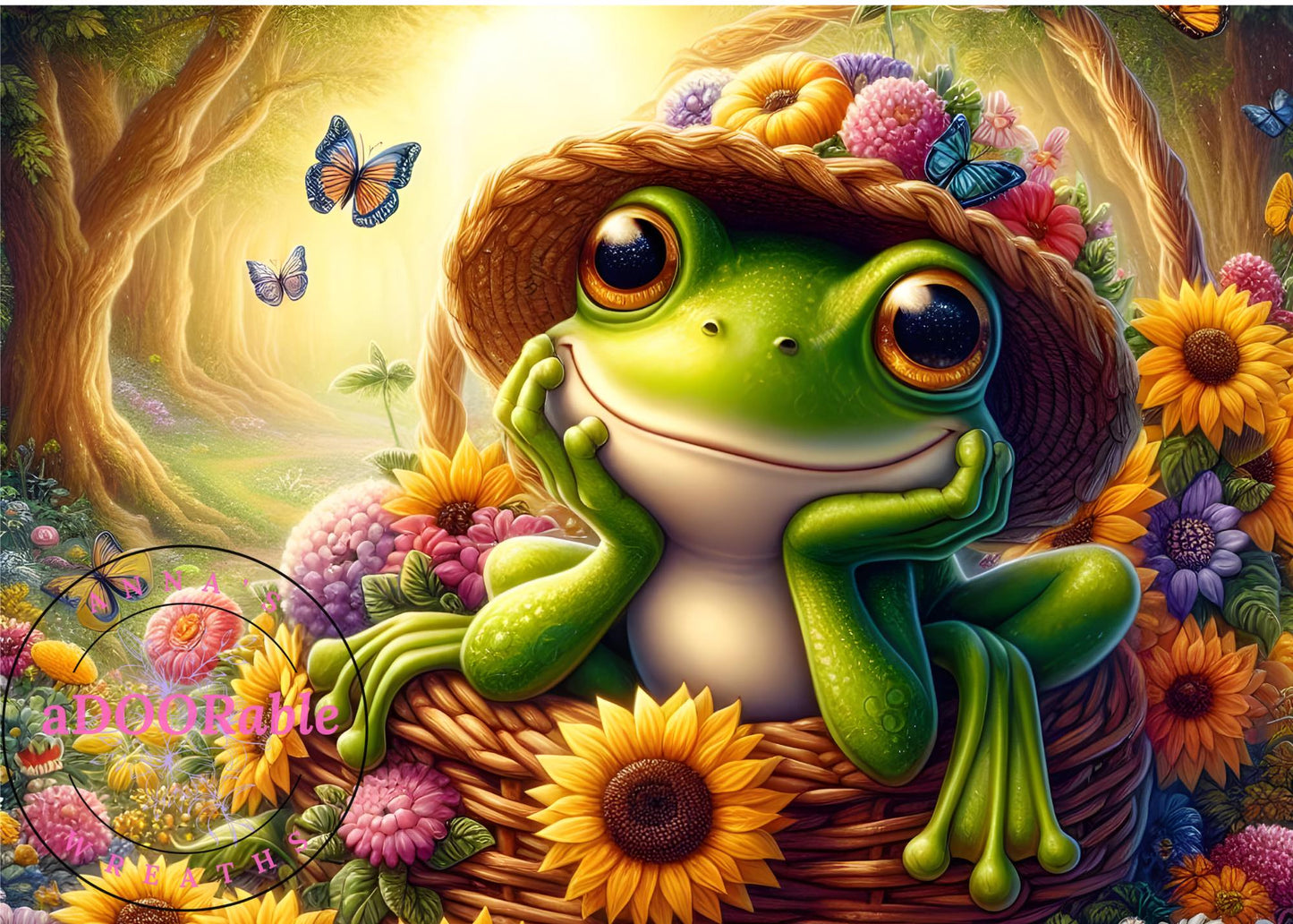 Tempered Glass Cutting Board Frog in Basket with Straw Hat