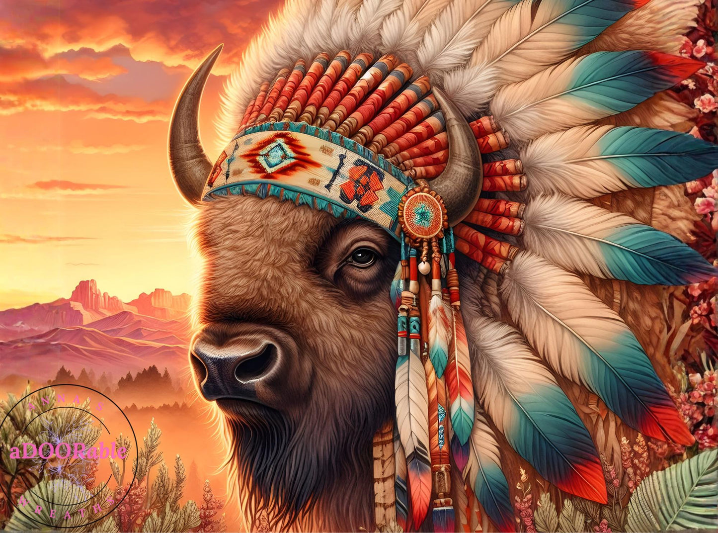 Tempered Glass Cutting Board Buffalo Wearing Colorful Headdress