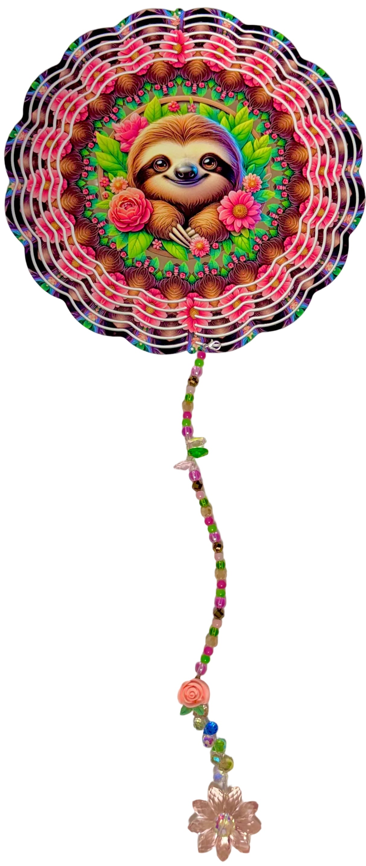 Wind Spinner with Jewel Strand Sloth within Pink Flowers