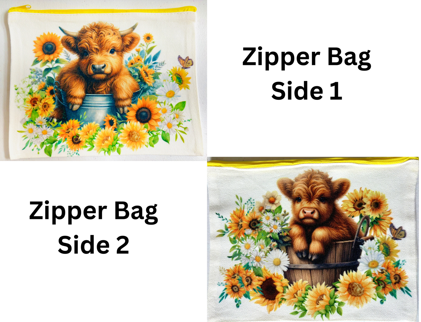 ZIPPER BAG - HIGHLAND COW SUNFLOWERS