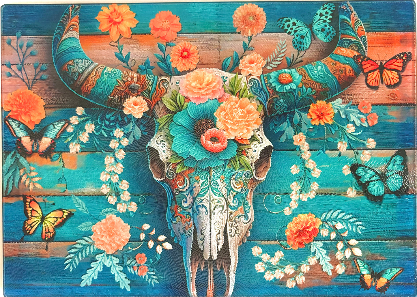 Tempered Glass Cutting Board Southwest Skulls Teal Wood