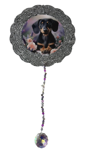 Wind Spinner with Jewel Strand Dog Dachshund with Roses