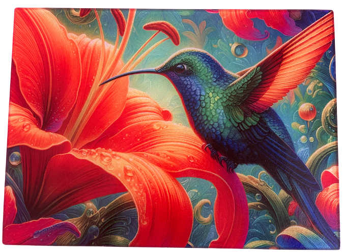Tempered Glass Cutting Board Hummingbird with Orange Flower
