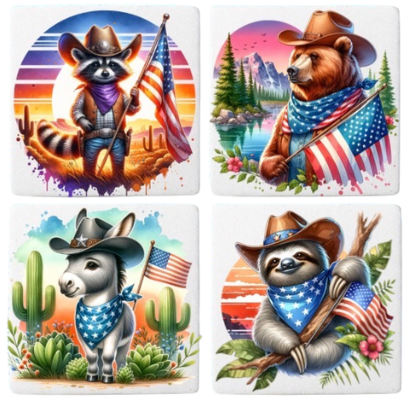 Coasters 4/pk - JULY 4TH ANIMALS PATRIOTIC