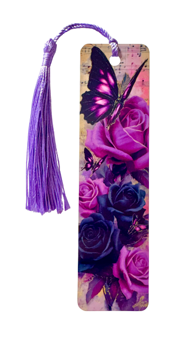 BOOKMARK - BUTTERFLY LANDING ON PURPLE ROSES