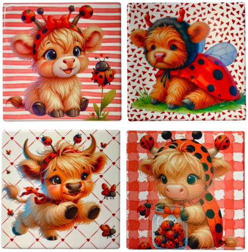 Coasters 4/pk - HIGHLAND COW LADY BUG