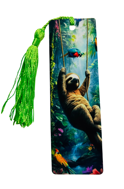 BOOKMARK - SLOTH SWINGING IN THE TREES WITH PARROTS