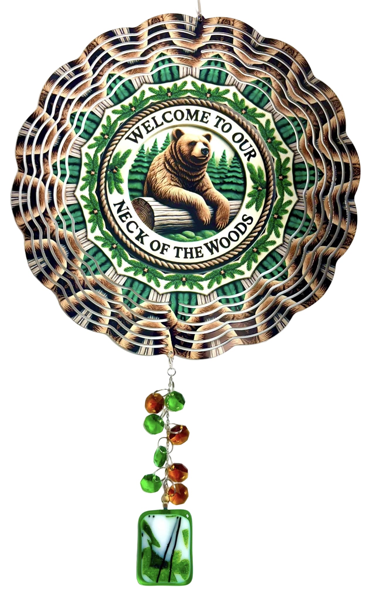 Wind Spinner with Jewel Strand Bear "Welcome To Our Neck of the Woods"