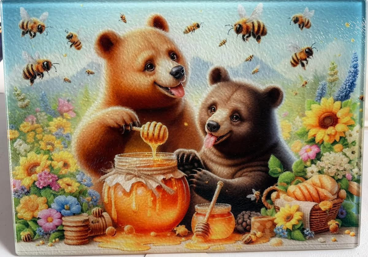 Tempered Glass Cutting Board Bears with Honey Jars