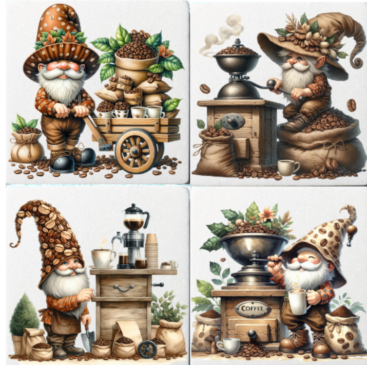 Coasters 4/pk - GNOME COFFEE BEAN GRINDER