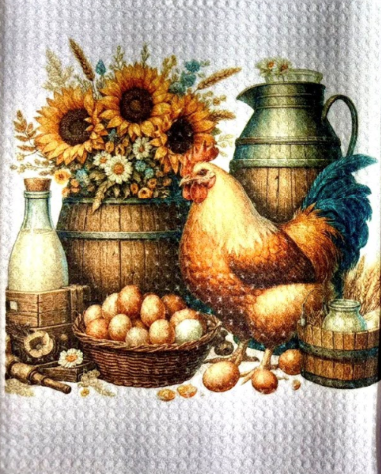 TOWELS - CHICKEN/ROOSTER NATURAL EGG SUNFLOWER