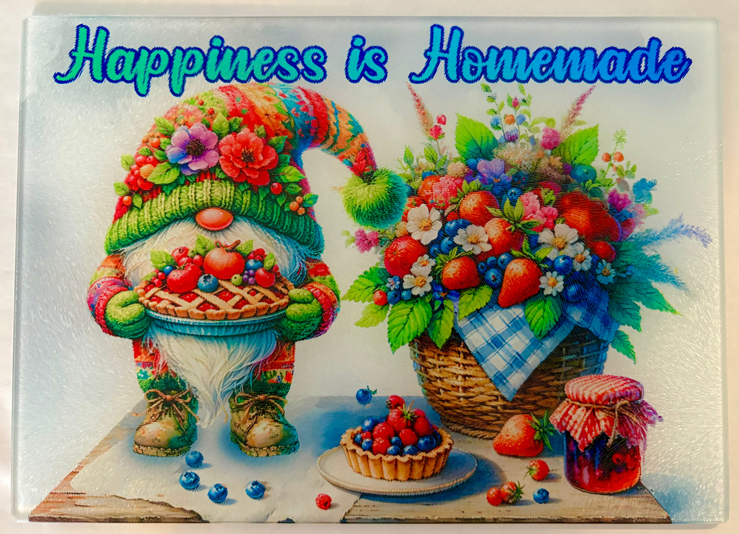Tempered Glass Cutting Board Gnomes Happiness is Homemade Berries