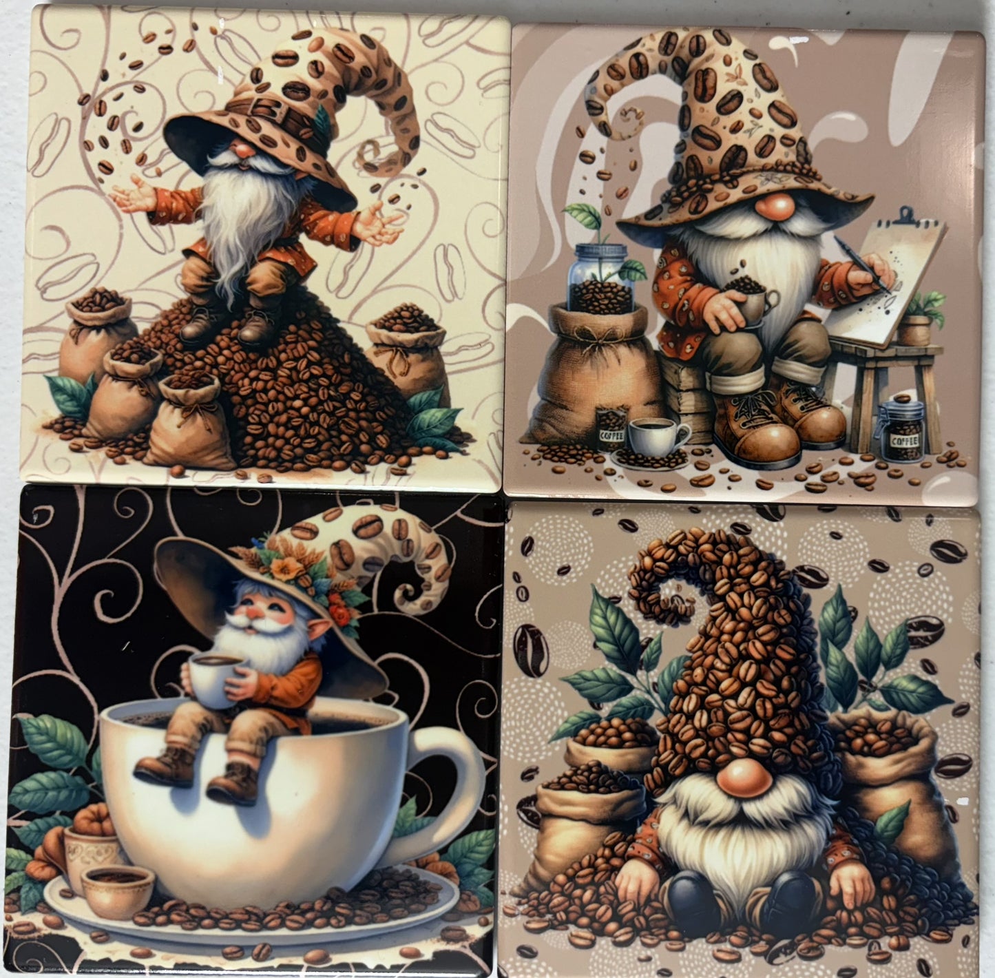Coasters 4/pk - GNOME COFFEE BEAN HATS