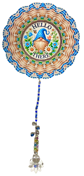 Wind Spinner with Jewel Strand Gnome Hello There Floral