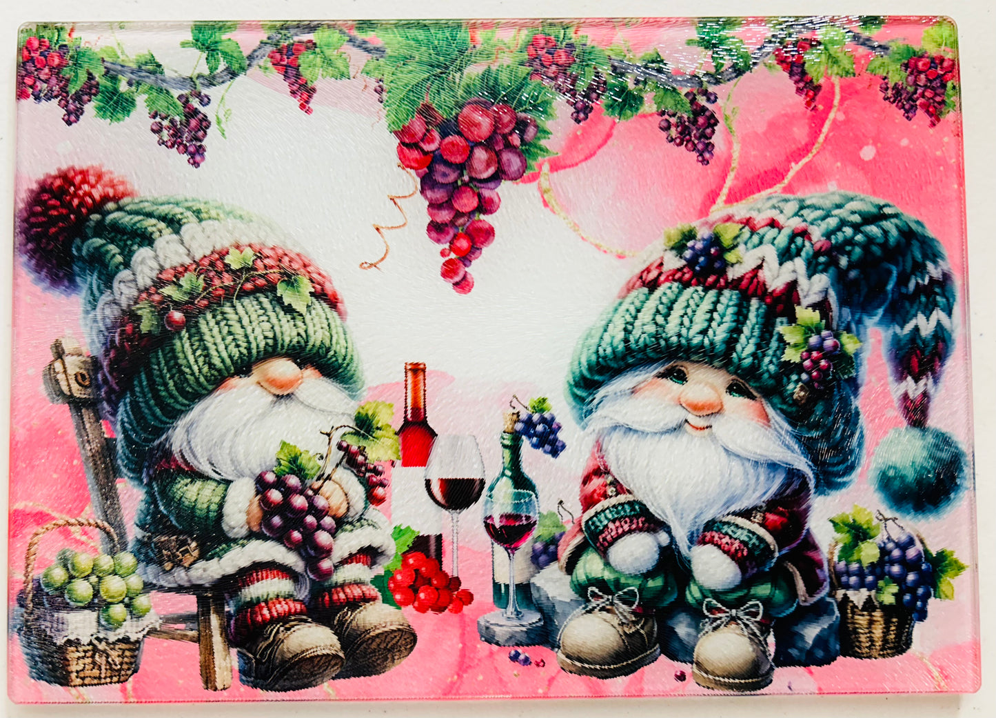 Tempered Glass Cutting Board Gnomes Grapes and Wine