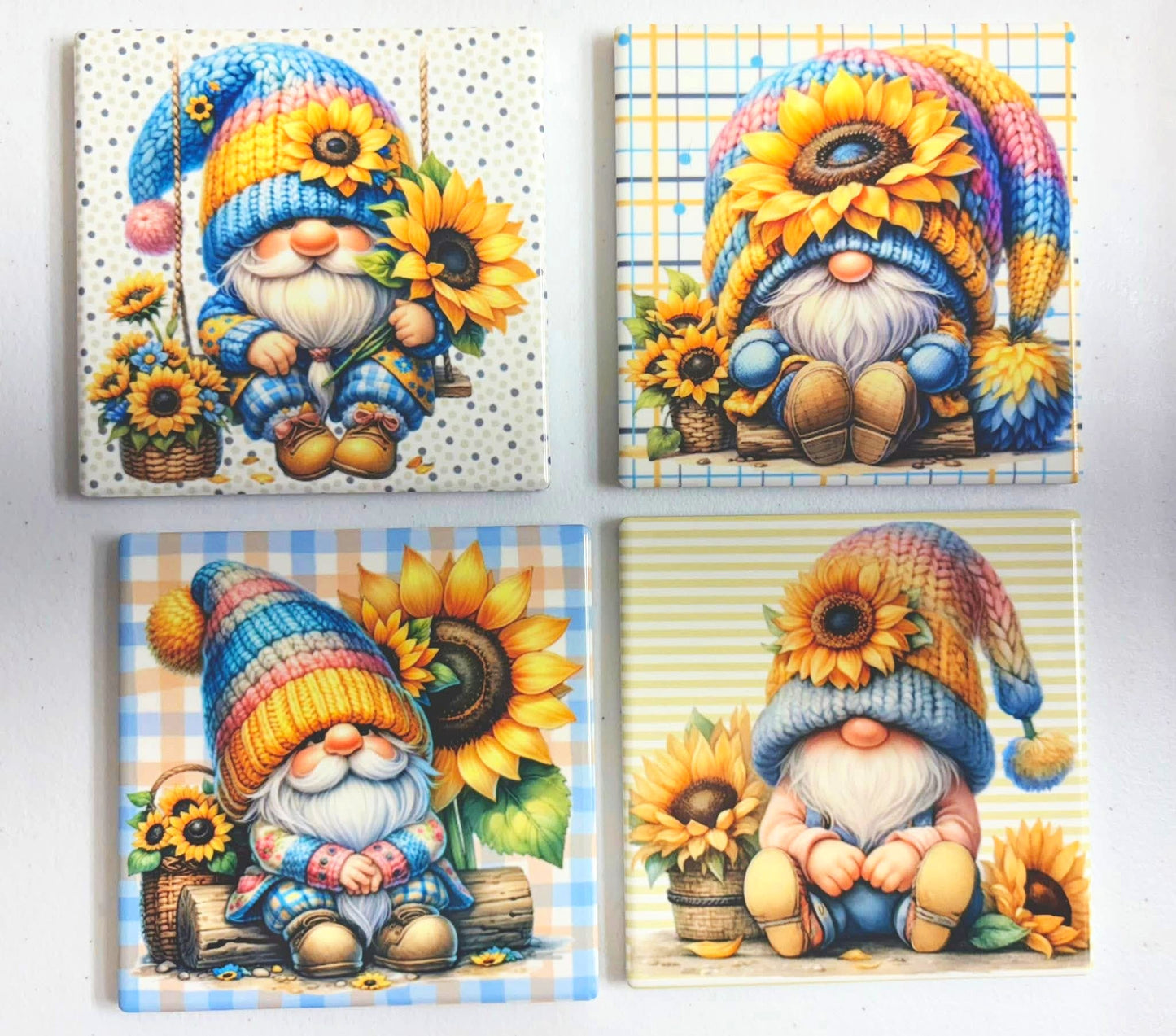 COASTERS 4/pk - GNOME SUNFLOWERS PASTEL BACKGROUND
