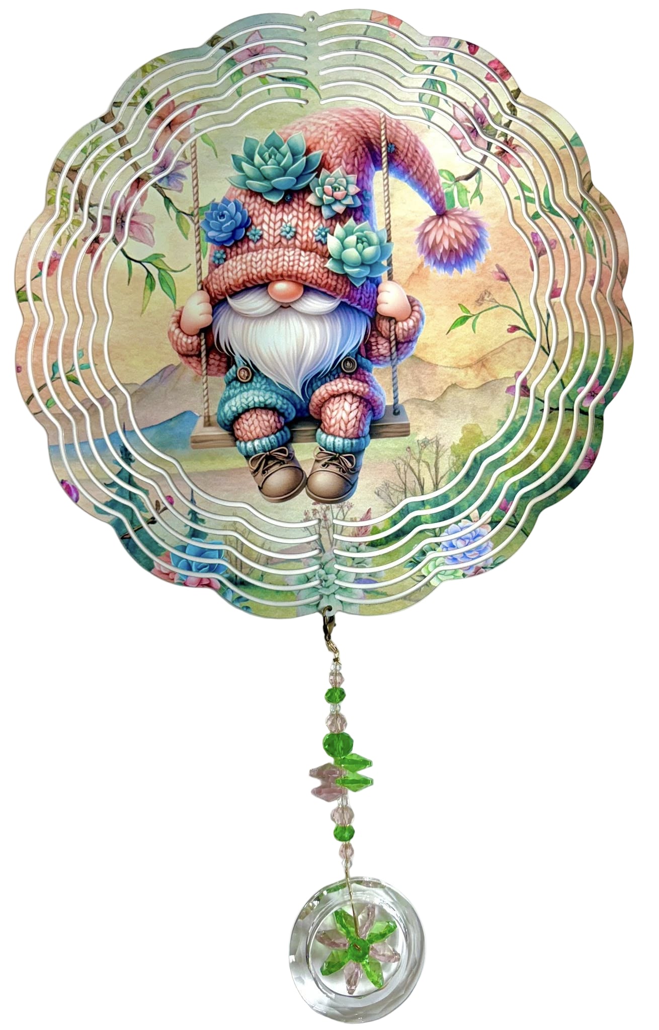 Wind Spinner with Jewel Strand Gnome Succulent Hat on Swing