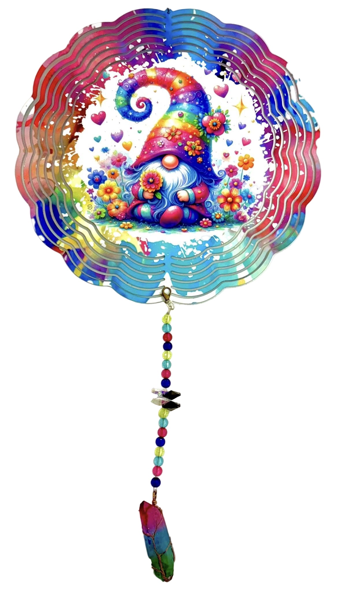 Wind Spinner with Jewel Strand Gnome Rainbow Hearts & Flowers