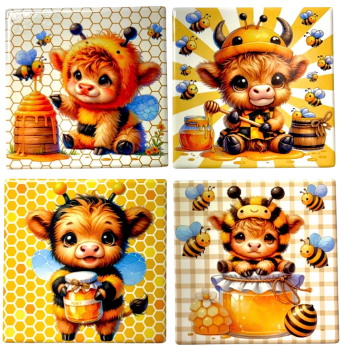 Coasters 4/pk - HIGHLAND COW BEE HONEY