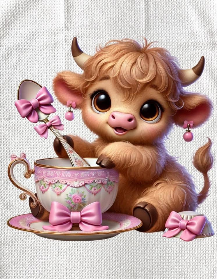 TOWELS - HIGHLAND COW TEACUP PINK BOW SPOON