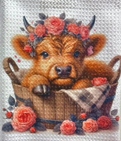 TOWELS - HIGHLAND COW FLOWERS IN A BASKET