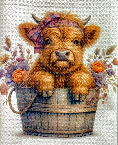 TOWELS - HIGHLAND COW FLOWERS PLAID BOW BASKET