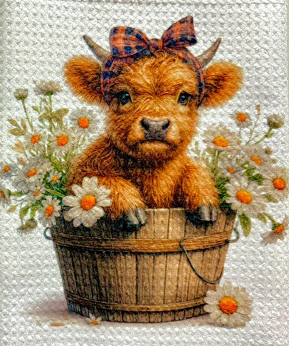 TOWELS - HIGHLAND COW FLOWERS PLAID BOW