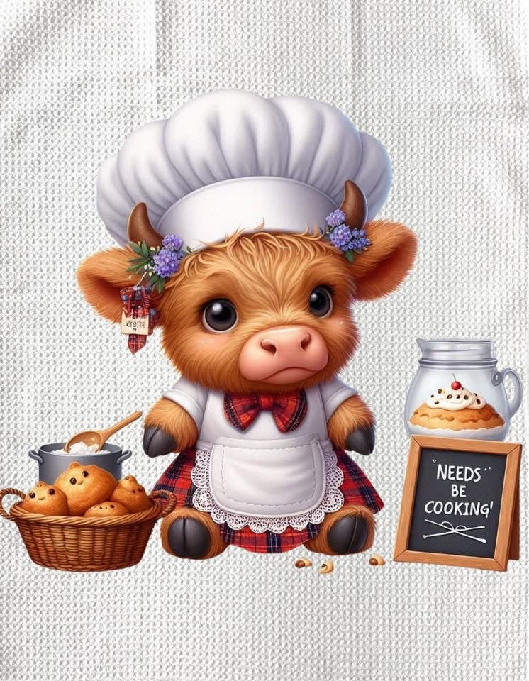 TOWELS - HIGHLAND COW BAKING WITH SIGN