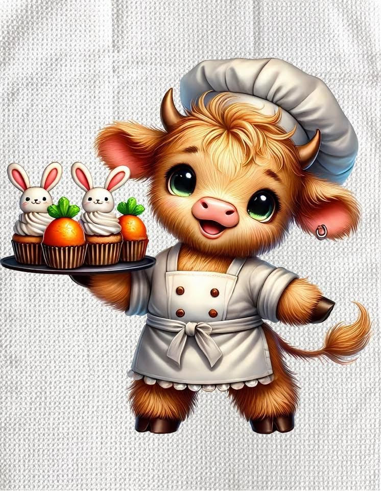 TOWELS - HIGHLAND COW BAKING BUNNY CUPCAKES