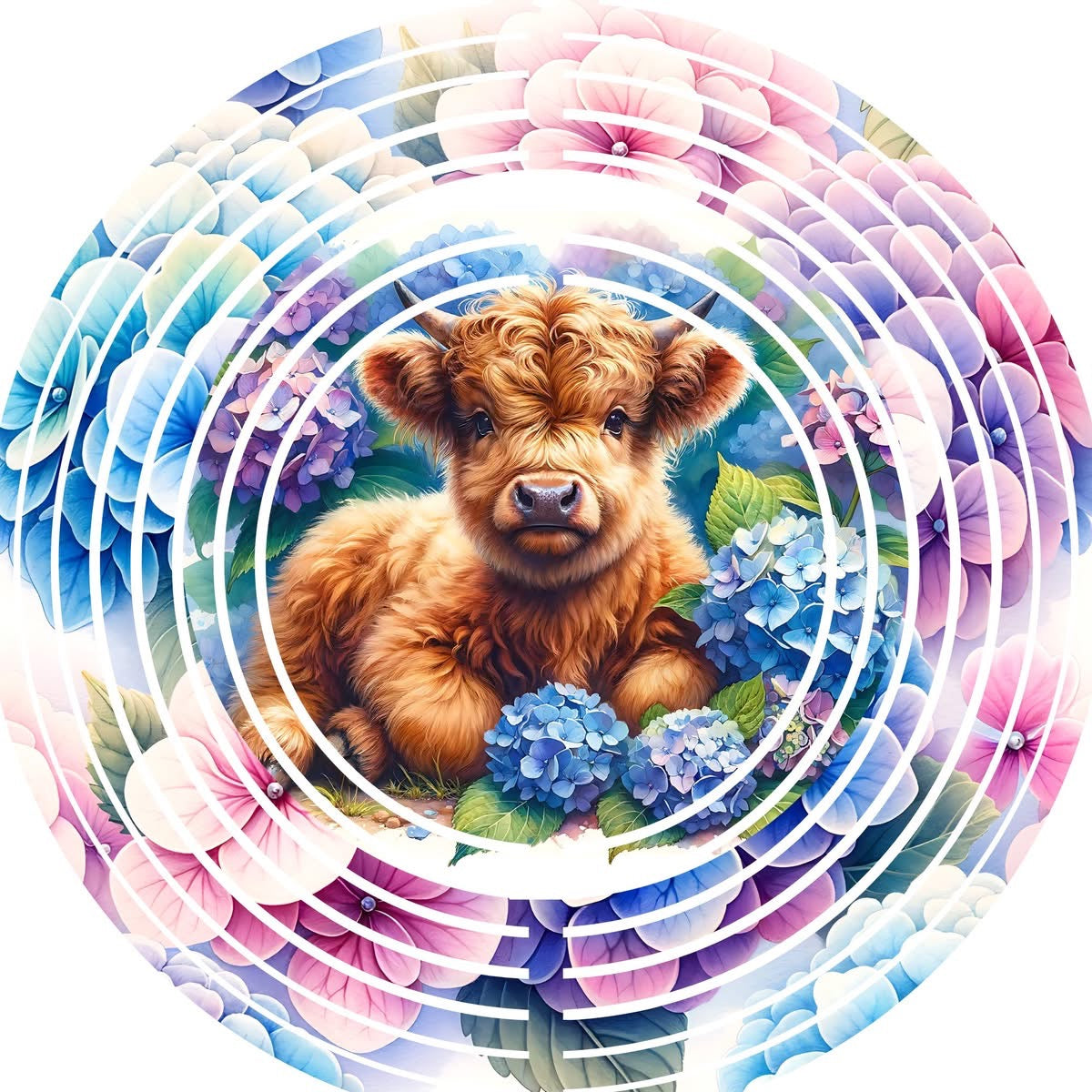 WIND SPINNER - HIGHLAND COW LAYING IN FLOWERS