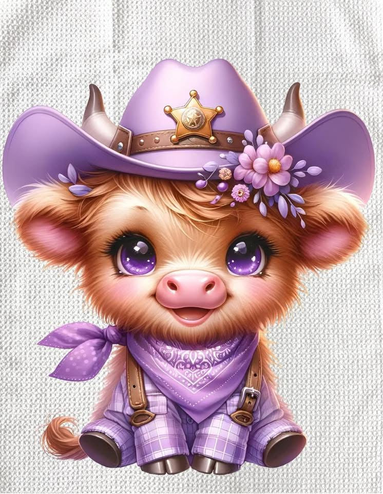 TOWELS - HIGHLAND COW HAT PURPLE SHERIFF