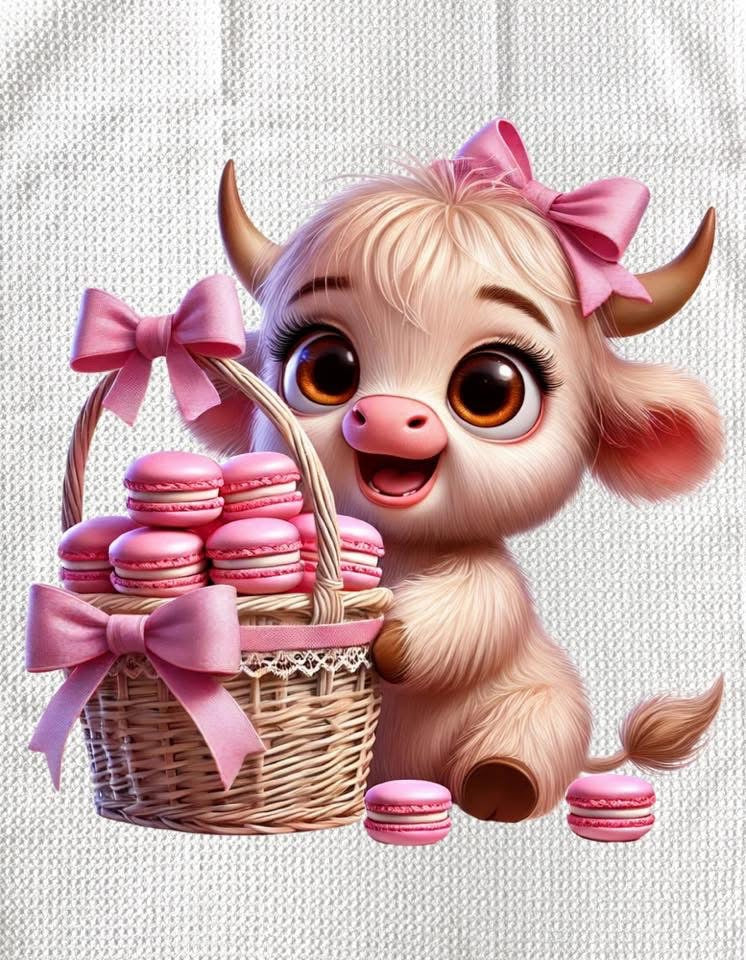 TOWELS - HIGHLAND COW SWEETS MACAROON BASKET