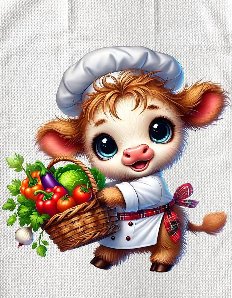 TOWELS - HIGHLAND COW CHEF VEGGIE BASKET