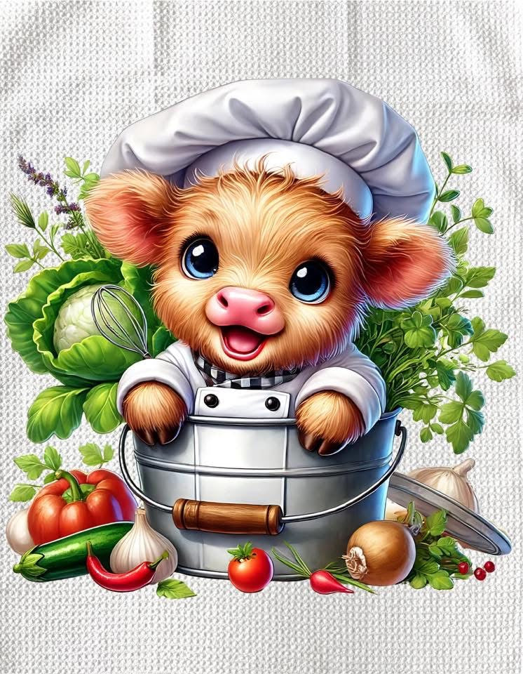 TOWELS - HIGHLAND COW CHEF VEGGIE PAIL