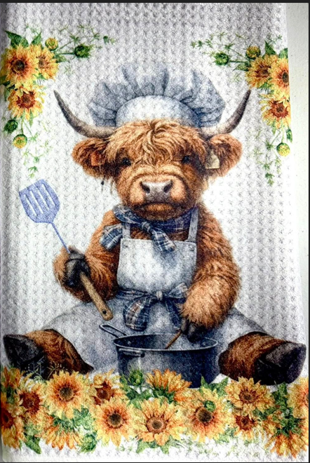 TOWELS - HIGHLAND COW CHEF SUNFLOWERS