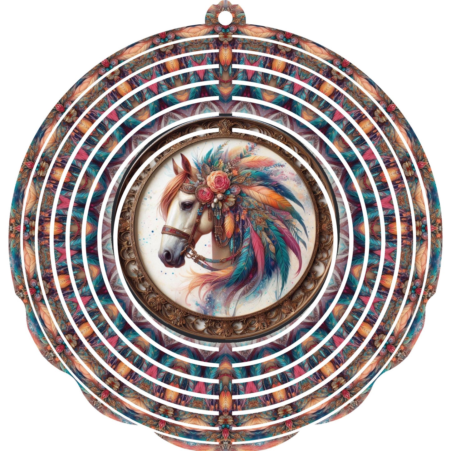 Wind Spinner with Jewel Strand Horse Colorful Feathers