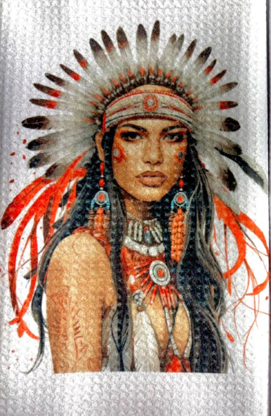 TOWELS - LADIES NATIVE AMERICAN WOMAN HEADRESS FEATHERS