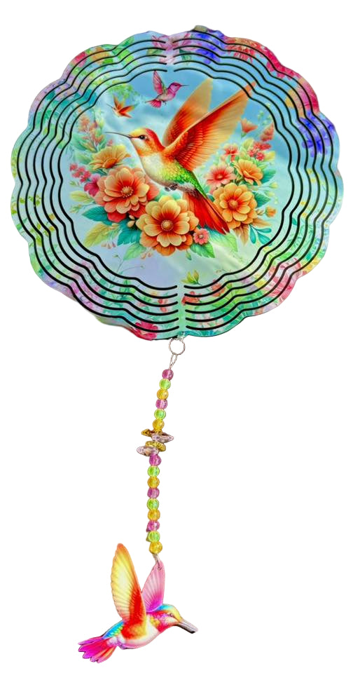 Wind Spinners with Jewel Strand Bird Hummingbird Bright Orange