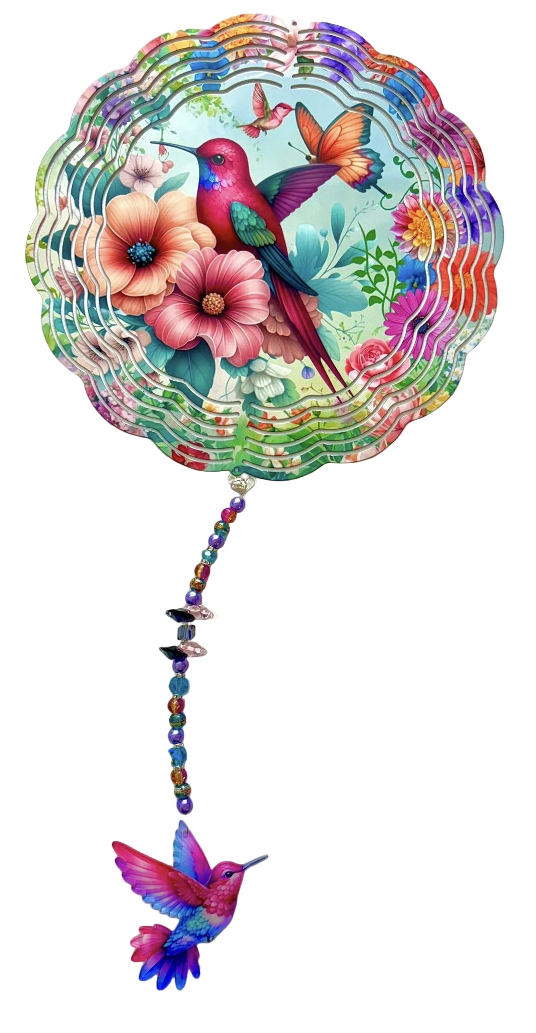 Wind Spinners with Jewel Strand Bird Hummingbird Bright Pink