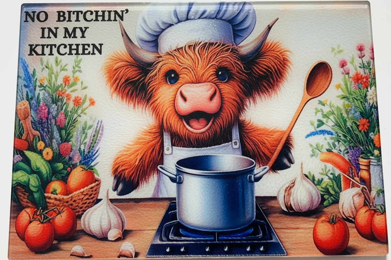 Tempered Glass Cutting Board Highland Cow No Bitchin'