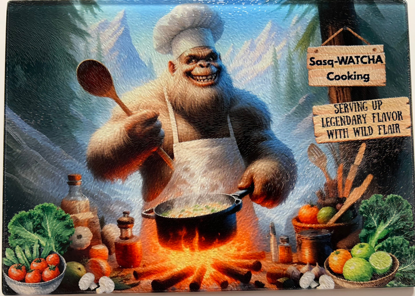 Tempered Glass Cutting Board Bigfoot Chef Sasq-Whatcha Cooking