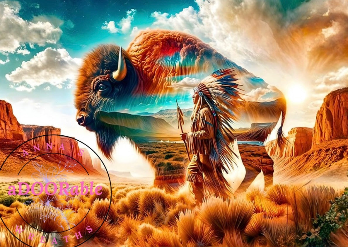 Tempered Glass Cutting Board Buffalo and Native American Warrior