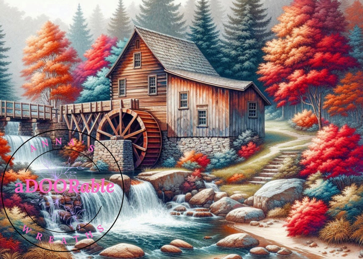 Tempered Glass Cutting Board Scenery Cabin Water Wheel in Fall