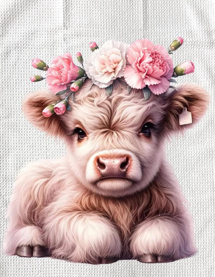 TOWELS - HIGHLAND COW FLOWERS HEADBAND CARNATIONS