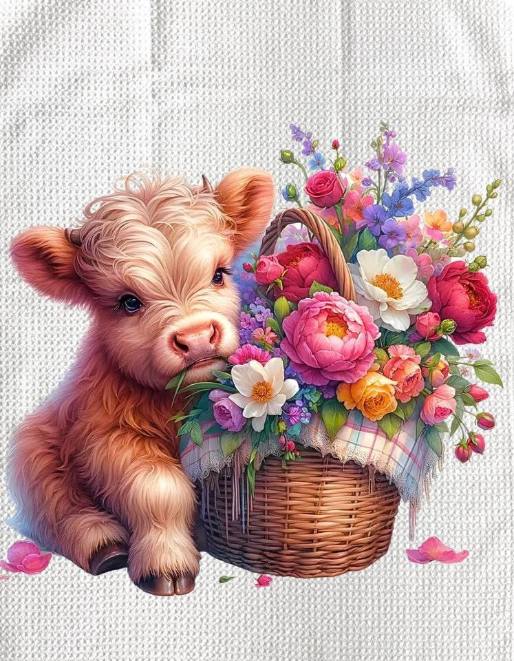 TOWELS - HIGHLAND COW FLOWERS BASKET BRIGHT