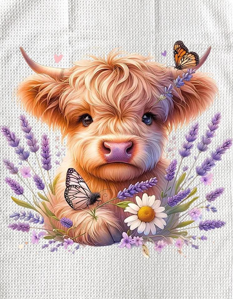 TOWELS - HIGHLAND COW FLOWERS PURPLE