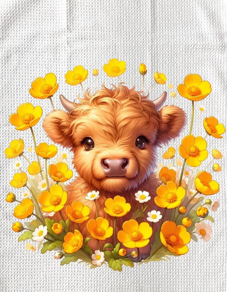 TOWELS - HIGHLAND COW FLOWERS YELLOW