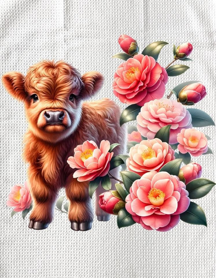 TOWELS - HIGHLAND COW FLOWERS LARGE PINK
